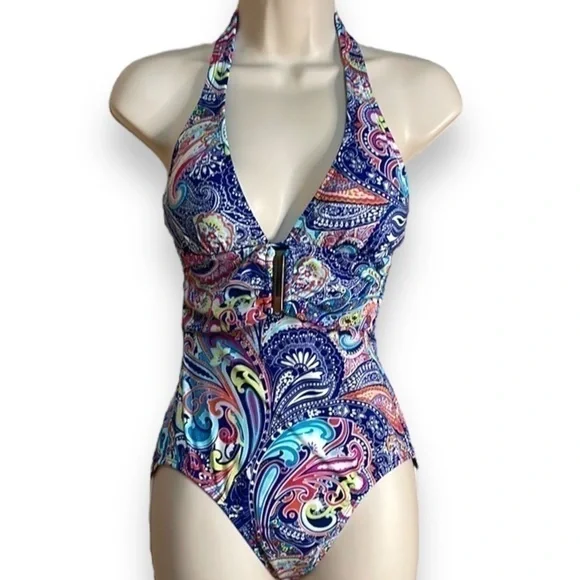 Liz Claiborne Paisley One Piece Swimsuit Women’s Size 6 Gold Embellishments - Picture 2 of 9